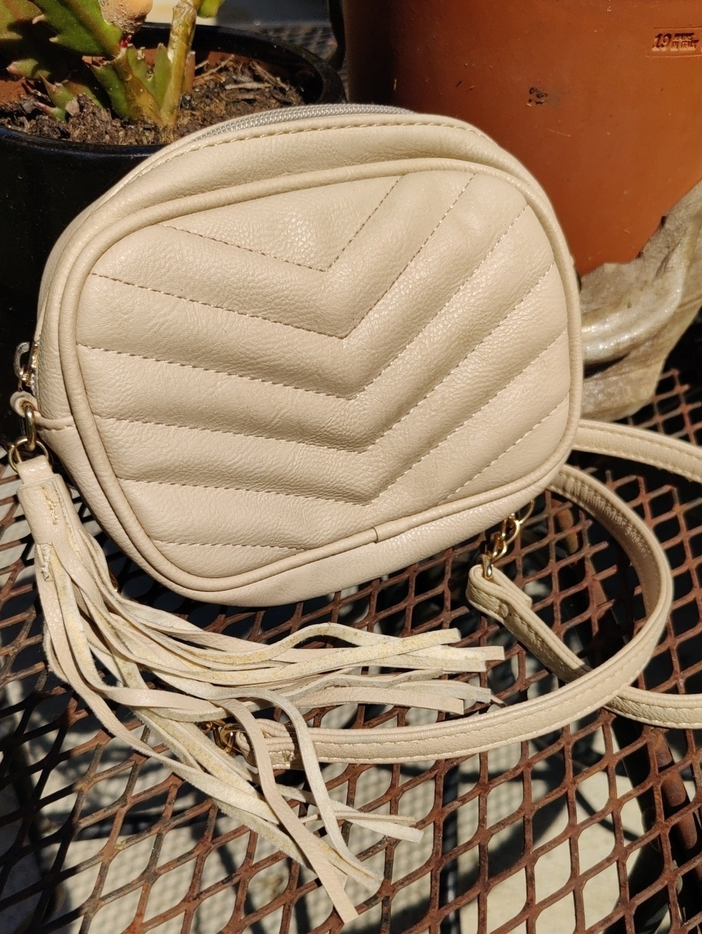 Beige Quilted Crossbody Bag with Tassel